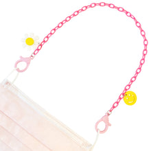 Load image into Gallery viewer, Pink Plastic Mask Holder with Daisy and Smiley Face Charms