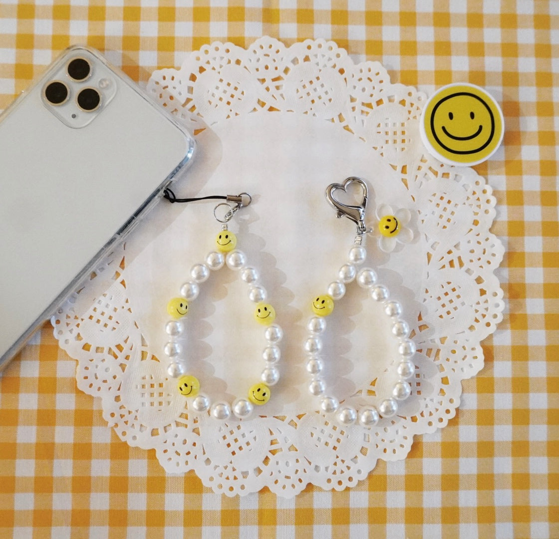 SMOL Smiley Face Phone Strap, Happy Face Emoji and Pearl Cell Phone Ch