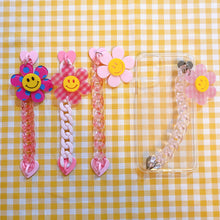 Load image into Gallery viewer, Pink Phone Strap Chain with Smiley Flower Charm (includes pink heart phone case hooks)
