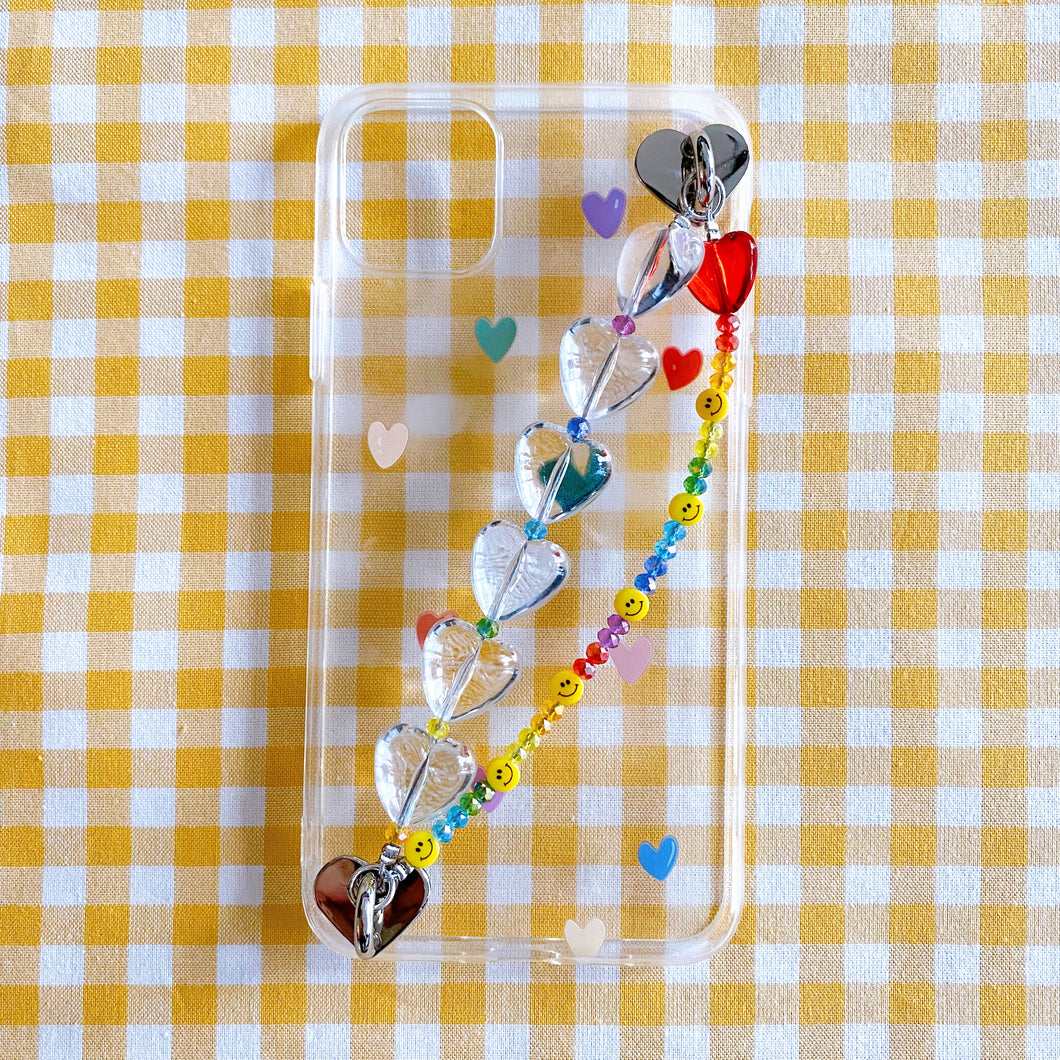 Beaded Heart Phone Strap Chain with Silver Metal Heart Adhesive Hooks