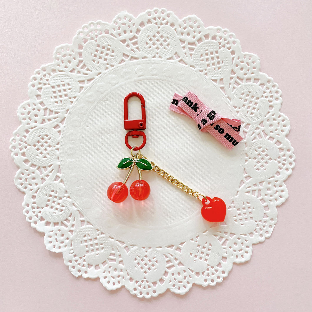 Cherry Heart Keychain, Red heart Keyring