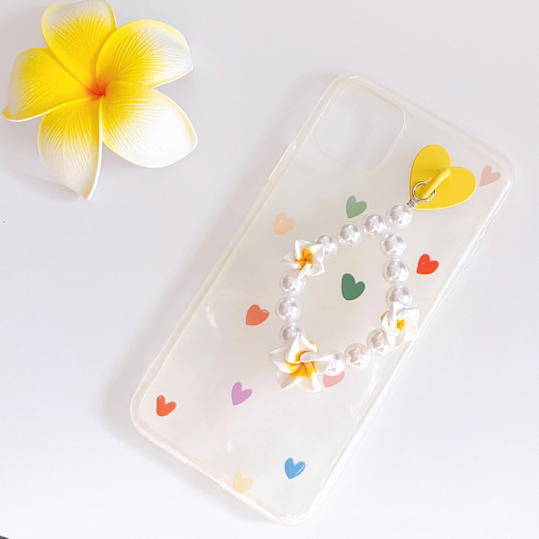 Pearl and Yellow Plumeria Phone Case Charm with Heart Adhesive Hooks