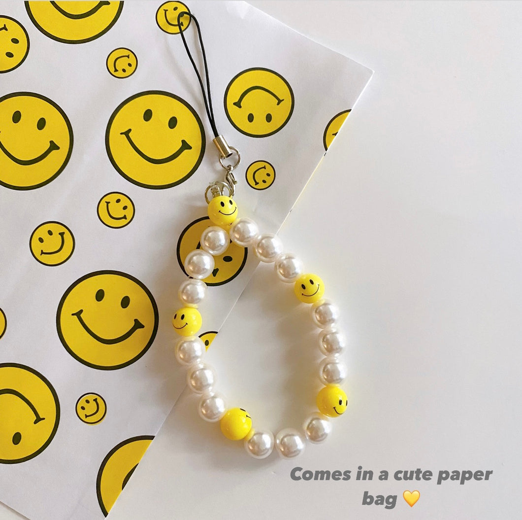 Pearl Phone Charm Strap with Cute Smiley Face Beads
